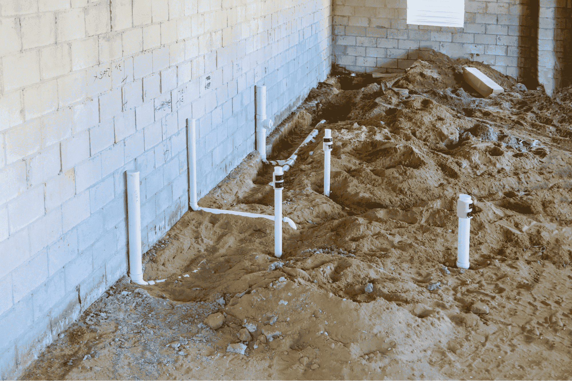 Several PVC drain pipes are assembled for use in a basement drainage system 