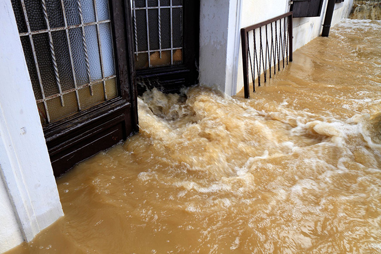 Murky flood water entering the front doors of a house
